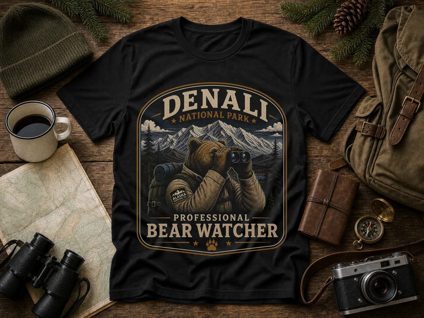 Professional Bear Watcher illustrated shirt concept laid out with outdoor accessories