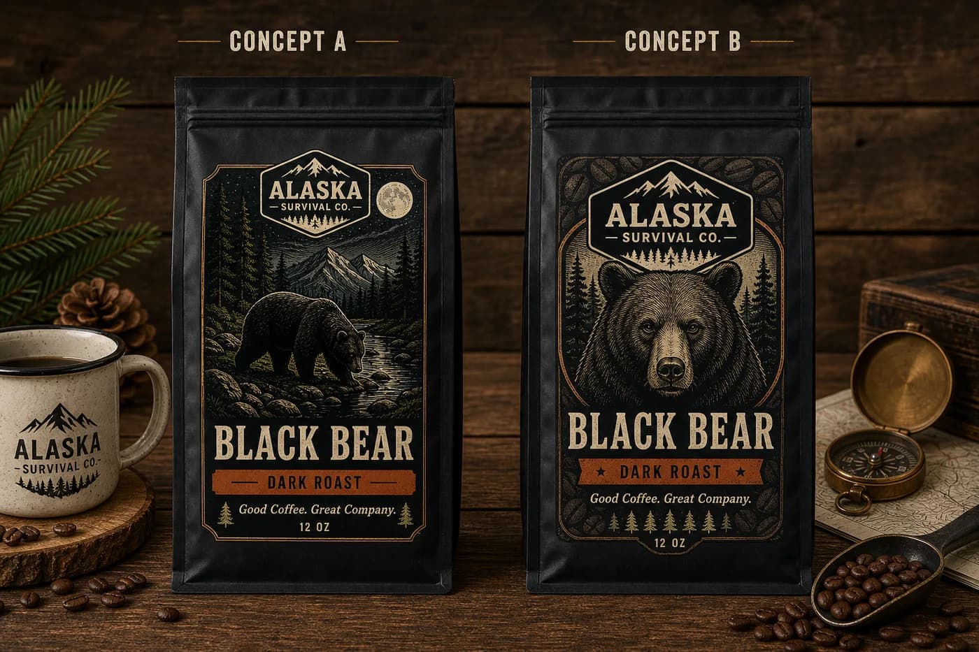 Two Alaska Survival Black Bear dark roast packaging concepts with mountain and bear illustrations