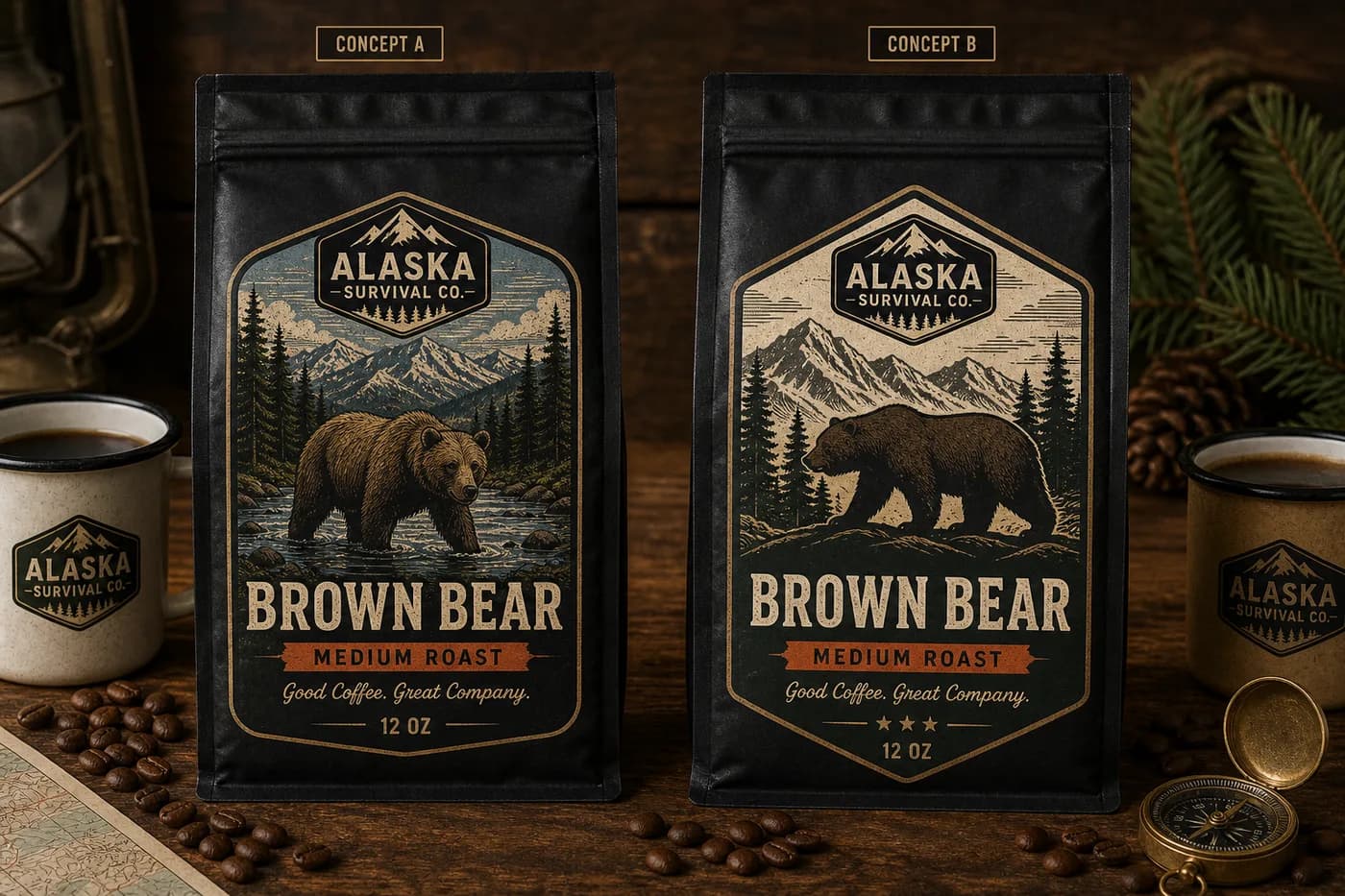 Two Alaska Survival Brown Bear medium roast packaging concepts