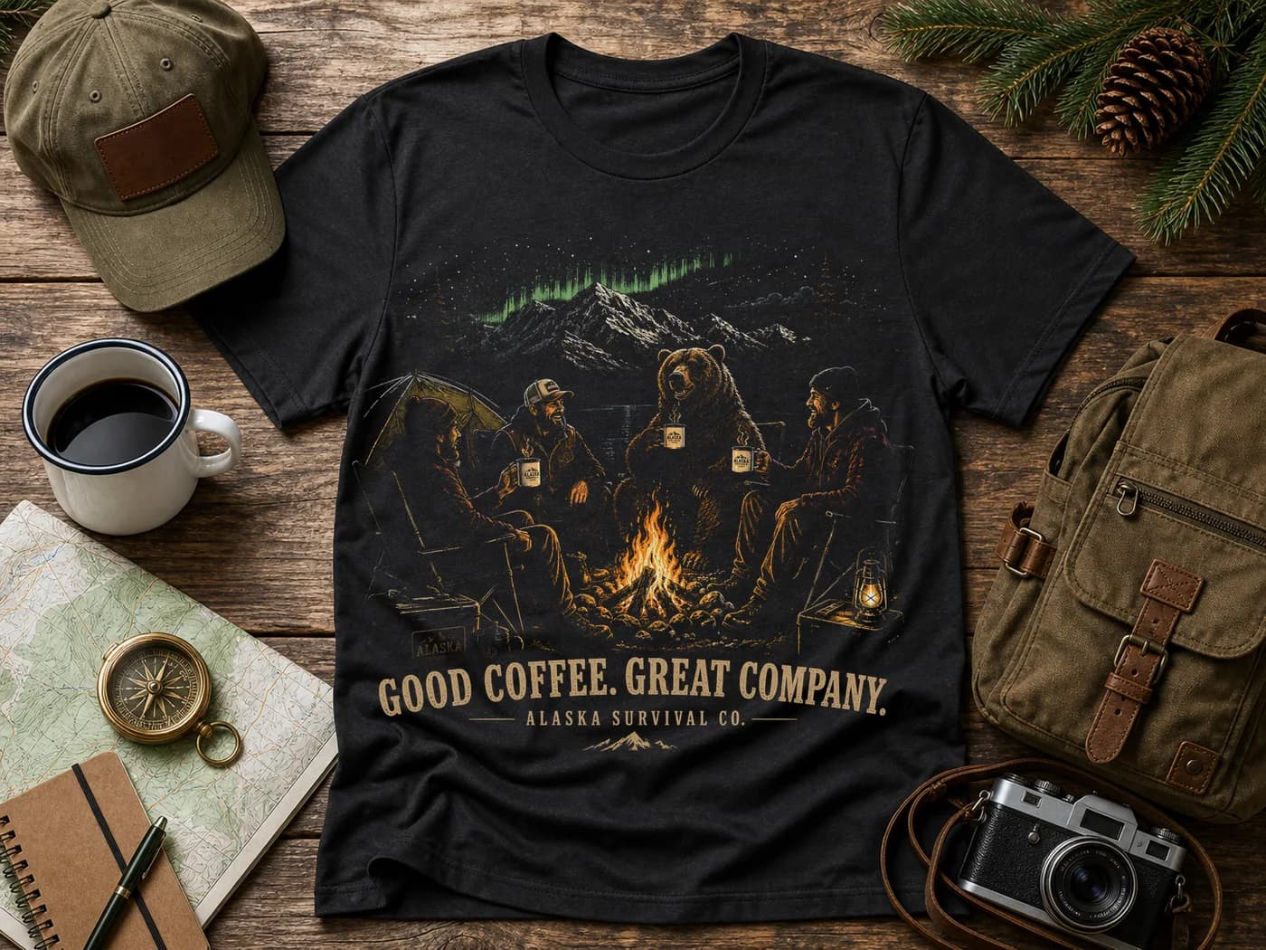 Alaska Survival Good Coffee Great Company shirt concept in an outdoor flat lay