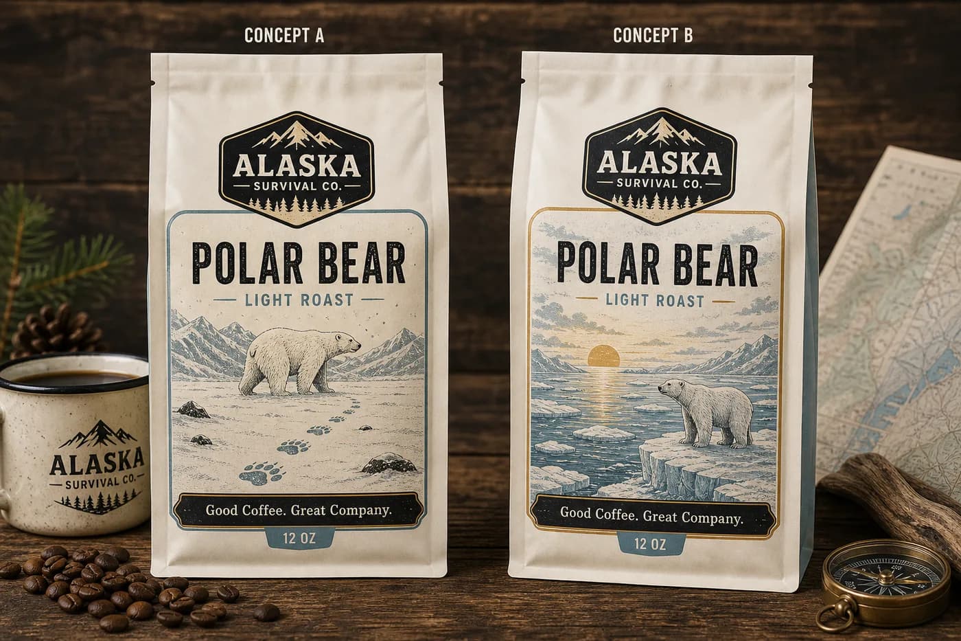 Two Alaska Survival Polar Bear light roast packaging concepts in an Arctic palette